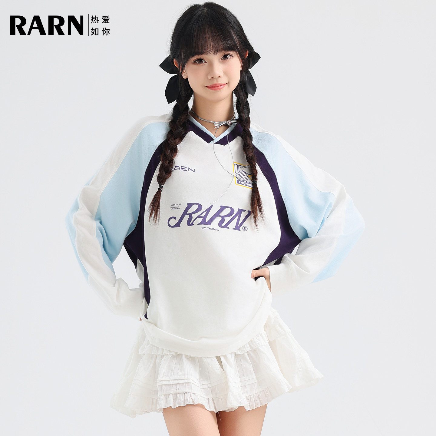 RARN2026春夏学院风V领设计感宽松上衣潮美式运动球衣风长袖T恤女