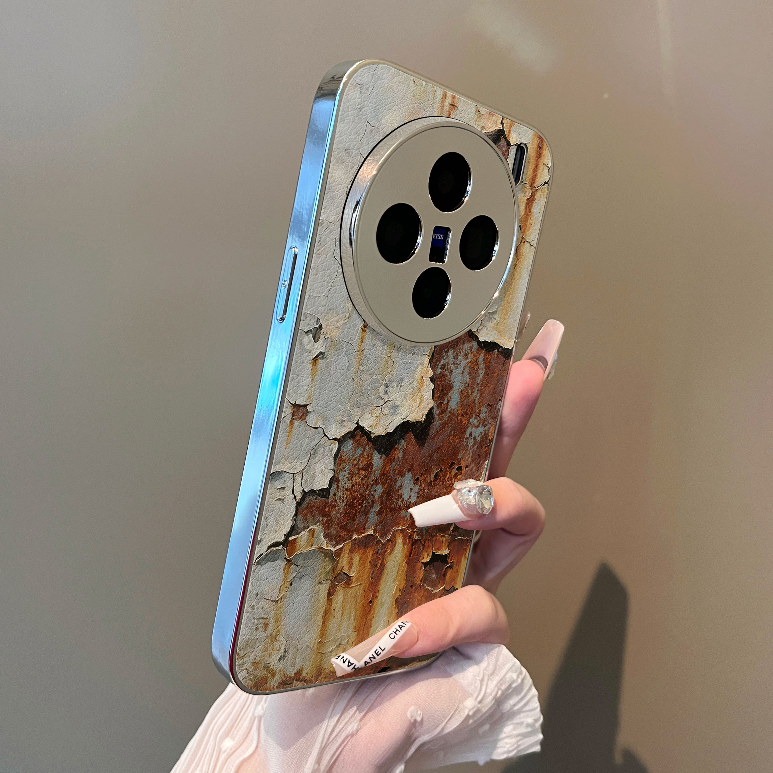 适用于vivox200promini手机壳白棕破洞纹支架小羊皮x60/70/80外全包防摔y200i新款男女90s/x100至尊套