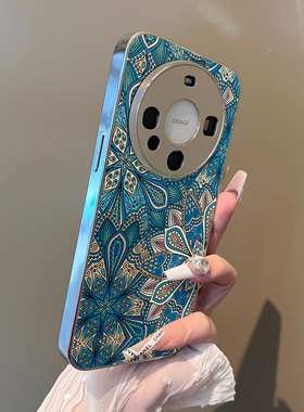 适用于华为mate70Pro+手机壳蓝色花纹支架小羊皮Mate30/40e外全包防摔硬mate50pro套个性曲屏60十高级感