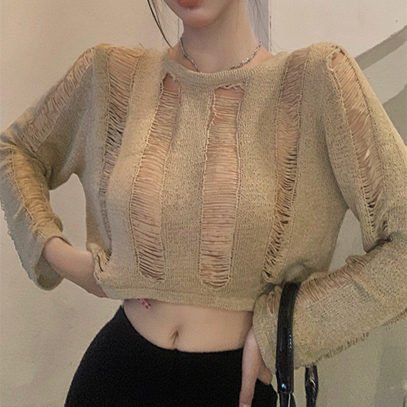 纯欲辣妹薄款镂空罩衫绑带防晒针织衫女2023夏季别致修身短款上衣,女装/女士精品,时尚防晒服,淘宝优惠券,粉丝福利购,淘宝优惠卷