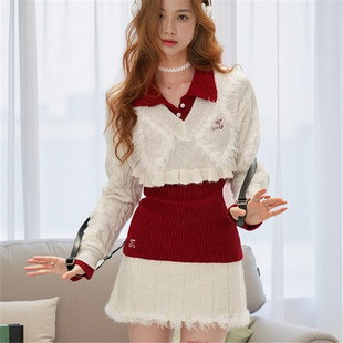 三件套秋冬套装 美式 半身裙裤 针织衫 女 辣妹设计感毛边拼接翻领短款