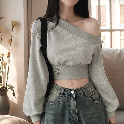 斜领不规则收腰显瘦长袖卫衣小众