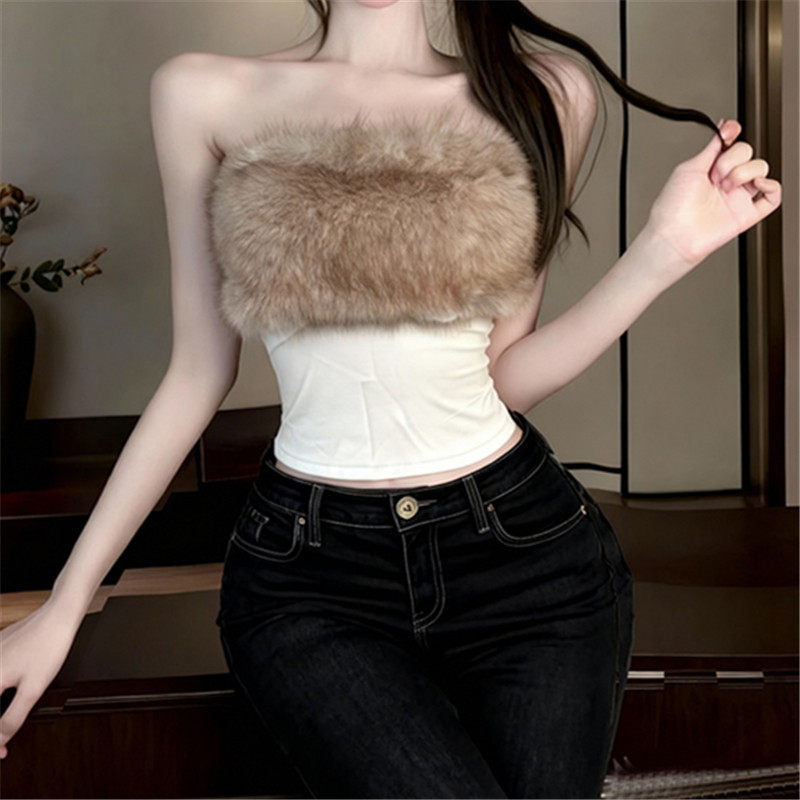 辣妹性感一字肩毛毛领抹胸背心女