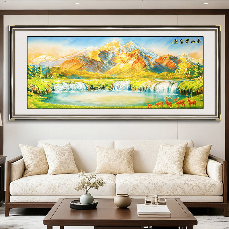 聚宝盆山水画客厅装饰画沙发背景墙挂画金山办公室茶室浮雕描金画