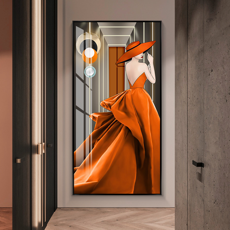 橙色人物玄关装饰画现代轻奢服装店挂画客厅落地画高级感壁画墙画