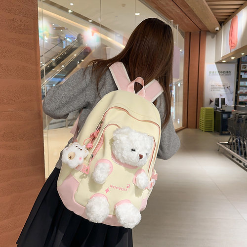 可爱小熊书包女初中女生大学生24新款双肩包ins小众森系百搭背包
