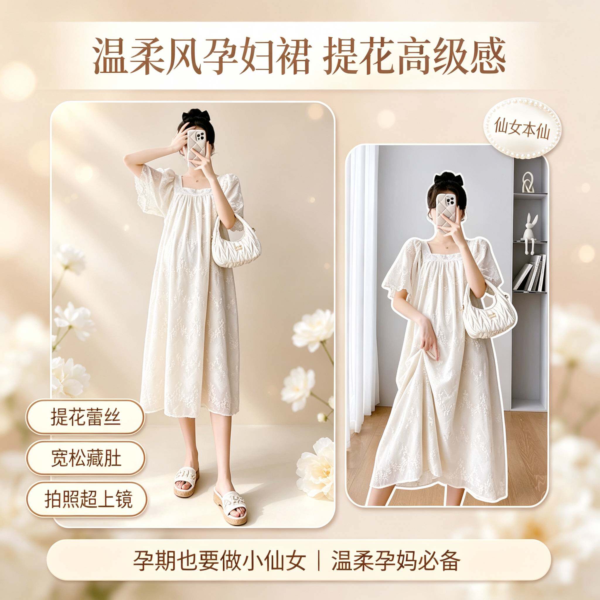 孕妇夏裙女夏装法式复古过膝长裙宽松潮妈裙夏季2026年孕妇连衣裙