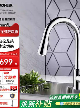 科勒水龙头厨房抽拉式冷热水可旋转卫浴旗舰店水槽龙头21366T