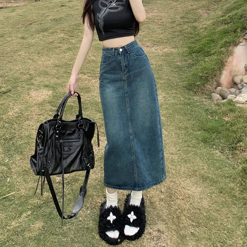 夏天高级感a字开叉牛仔半身裙女2025高腰显瘦小个子中长款包臀裙