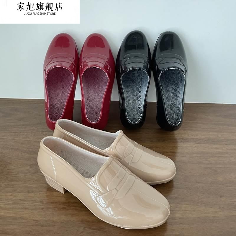 中跟女式雨鞋黑色工作鞋防水防滑水鞋低帮软胶鞋子浅口舒适老人鞋