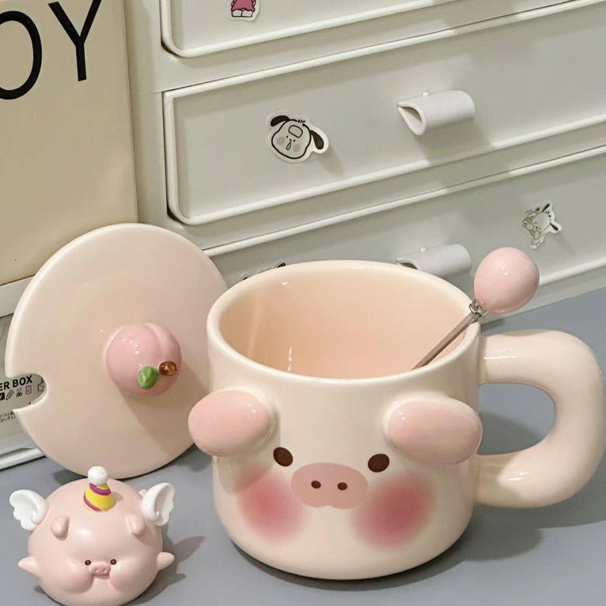 奶fufu小猪陶瓷马克杯带盖勺超可爱女生高颜值水杯办公室家用杯子