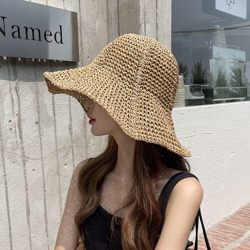 草帽女夏季时尚百搭潮遮阳防晒沙滩度假帽透气镂空编织渔夫帽凉帽