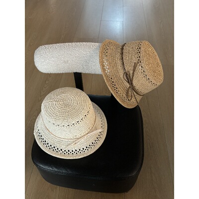 法式镂空手工编织平顶帽拉菲草帽女夏海边度假沙滩帽遮阳防晒礼帽