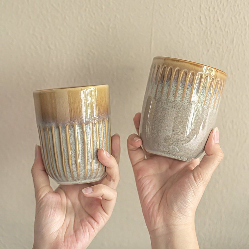 窑变条纹陶瓷无把杯创意手握杯家用茶杯子待客茶具漱口杯