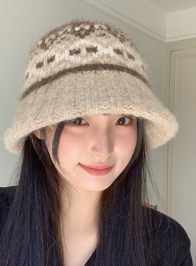 2025新款费尔岛针织帽毛线帽女秋冬保暖时尚渔夫帽显脸小水桶帽