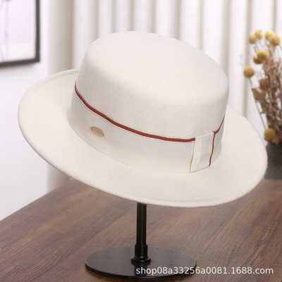 法式复古羊毛平顶帽女秋冬英伦时尚爵士帽显脸小简约百搭毛呢礼帽