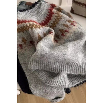 加厚宽松慵懒高级感毛衣女秋冬费尔岛提花马海毛重工设计套头上衣