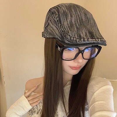 丹宁风复古牛仔前进帽女春夏大头围显脸小英伦风画家帽文艺报童帽