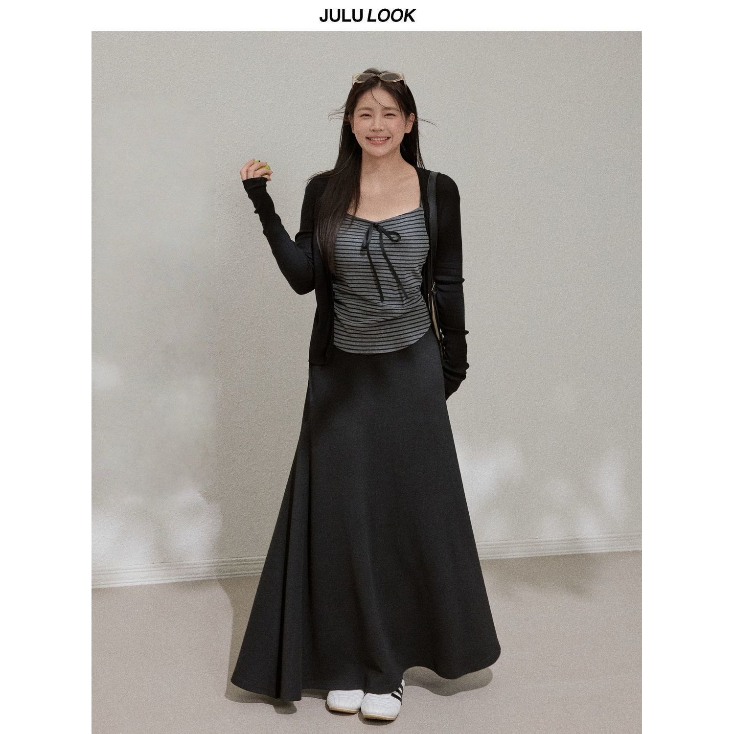 巨鹿工作室微胖mm韩系松弛感条纹吊带气质开衫高腰半裙大码套装女