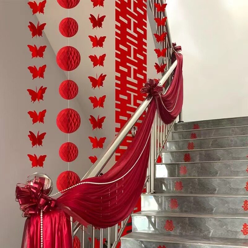 楼梯扶手喜挂饰装饰布幔结婚楼道踏步台阶贴拉花条幅灯笼婚庆用品