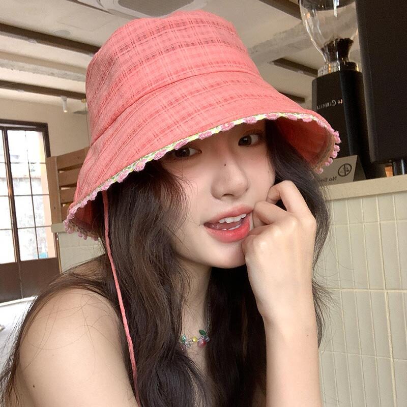 甜美可爱花边蓝色渔夫帽女春夏季遮阳防晒盆帽户外大帽檐登山帽潮