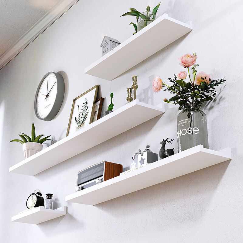 白色实木墙上置物架美甲荣誉架一字隔板客厅电视背景沙发后置物板