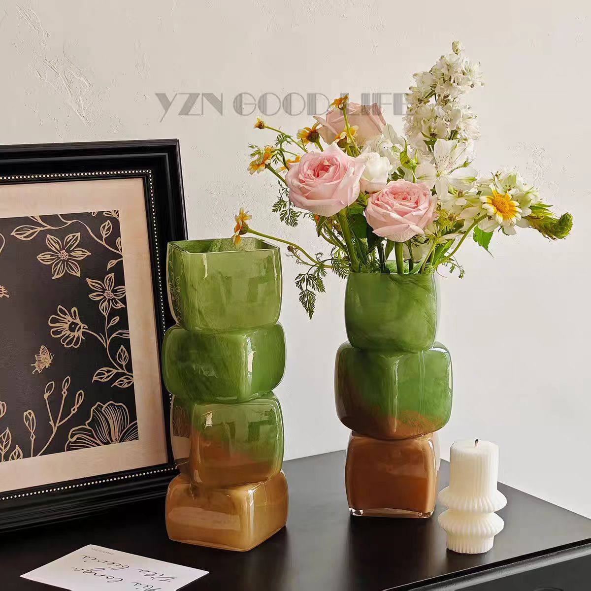 中古风渐变彩色几何方块花瓶餐桌软装酒店电视柜台面装饰玻璃摆件