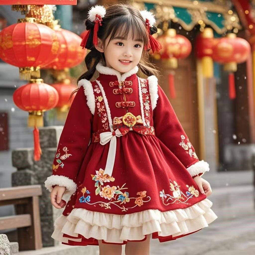 女童拜年服冬季中式儿童女宝红色立领刺绣重工加绒蓬蓬洛丽塔生日