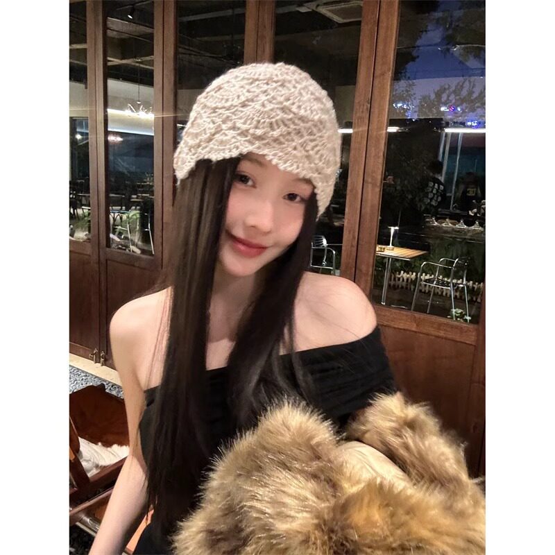 韩版小众复古手工钩花马海毛包头帽女秋冬森系百搭针织毛线帽冷帽