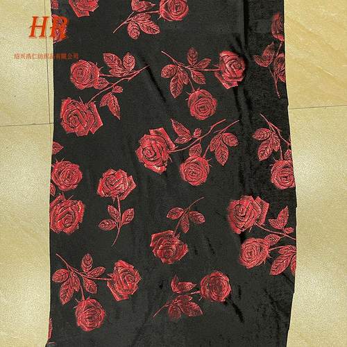 丝绒烫金面料 A0254 红色玫瑰花旗袍用料 可定 制 小量