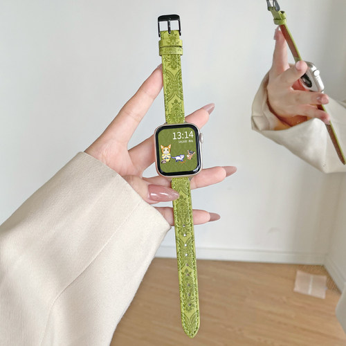 适用applewatchs8表带真皮质s11/s10/s9苹果手表s876手表带女生iwatchse高级感秋冬代小众表带细款iwatchs8女