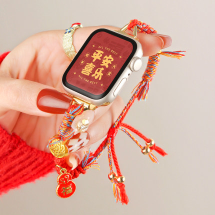 纯手工编织适用华为watchfit3手表带新年红绳watch fit2/1智能运动手表fitnew创意女款腕表女士替换表链秋冬