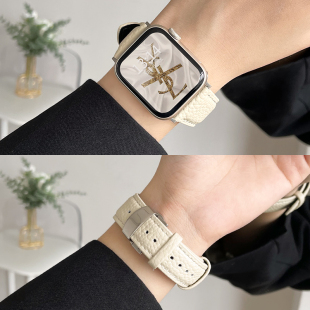 新款 se高级感s8苹果智能11手表链7质感专用女生applewatchs9设计感 真皮荔枝纹适用iwatchs9手表带s10小众女款