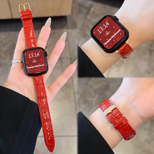Uhada真皮竹节纹表带新年红色