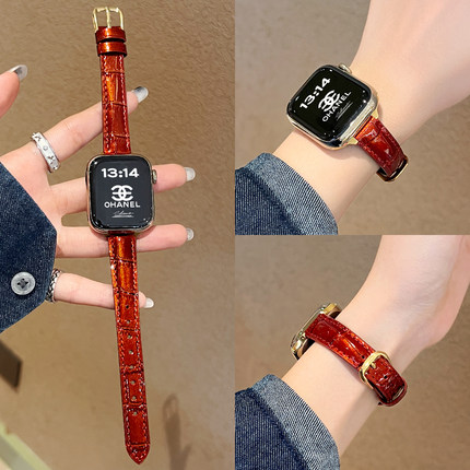适用iwatchs11手表带真皮红色applewatchs10韩系新品秋冬季高颜值s9苹果智能8质感se女款专用腕带7高级感小众