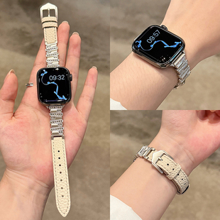 适用iwatchs11手表带新品applewatchs10苹果智能s9秋冬真皮质感s8高颜值系列s7女款高级感专用腕带se韩系小众