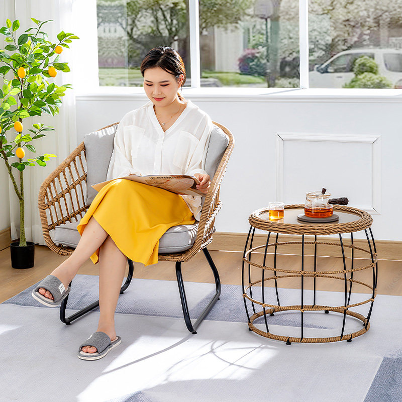 现代简约欧式阳台小桌椅组合家用客厅室内休闲创意编藤茶几三件套
