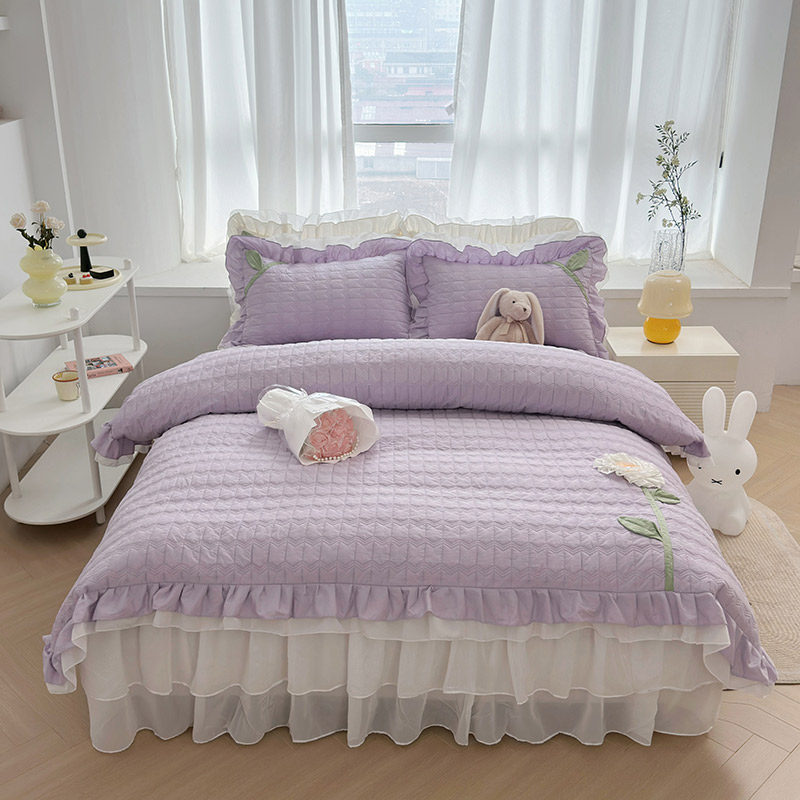 ins小仙女紫色纯棉被套单件200*230韩式夹棉花边被单被罩床裙款四