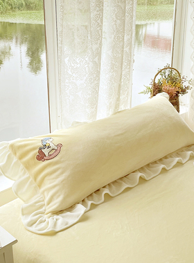 冬季黄色卡通可爱双人长枕套1.5m加长牛奶绒枕头套1.8米枕芯罩1.2