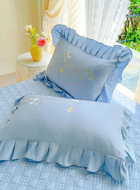 欧式高端蓝色纯棉枕套一对装48*74情侣60S大号枕头套枕芯内胆罩女