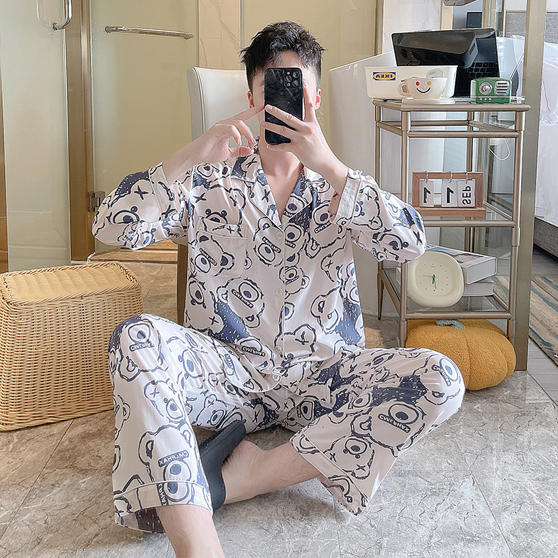棉绸宽松睡衣套装男款春夏季薄款