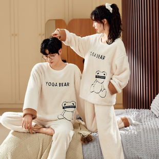 男女士套头加厚法兰绒保暖家居服 秋冬季 新款 珊瑚绒情侣睡衣套装
