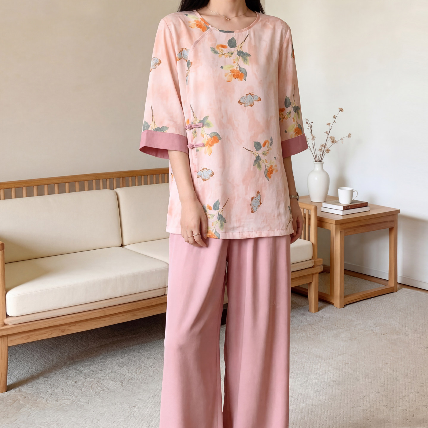 2026新款国风棉绸睡衣套装女款夏季五分袖宽松可外穿人造棉家居服