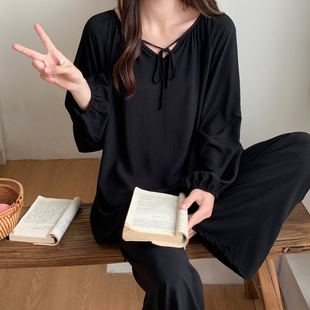 人造棉睡衣女春秋季 绵绸新国风家居服可外穿简约棉绸套装 夏天薄款