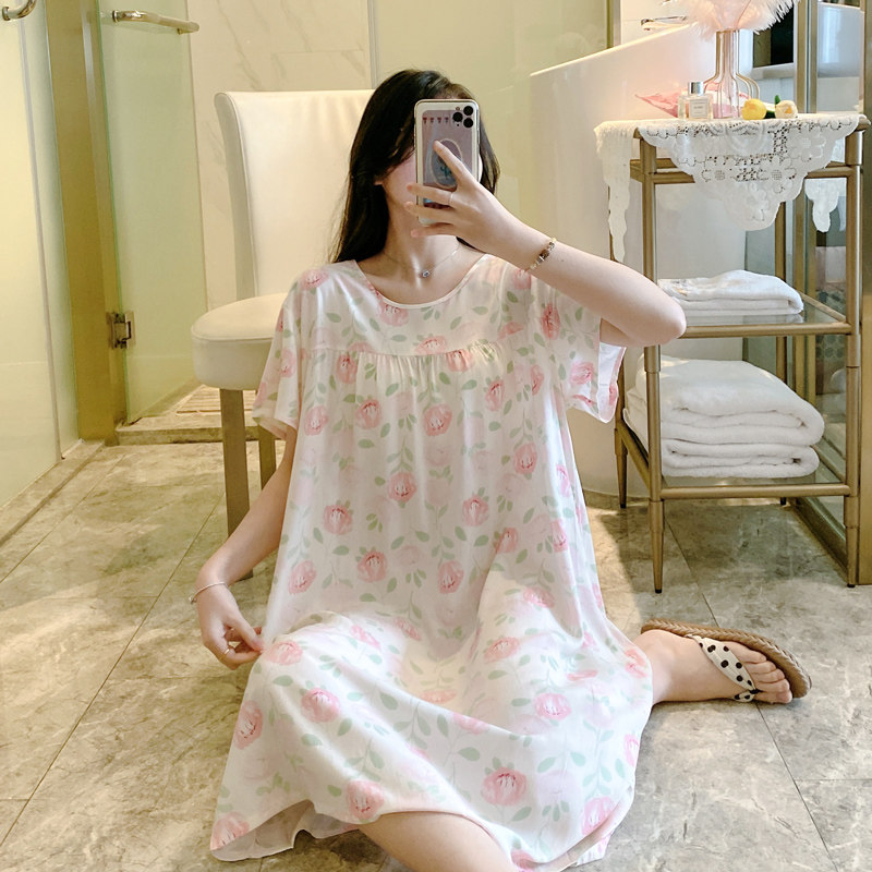 夏天棉绸睡裙女夏短袖中长款裙子轻薄款绵绸加大码宽松人造棉睡衣