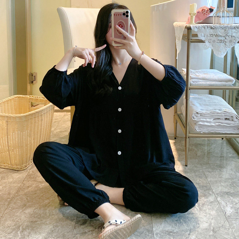 夏季款棉绸睡衣月子家居服女夏天七分袖人造棉空调女士大尺码绵套