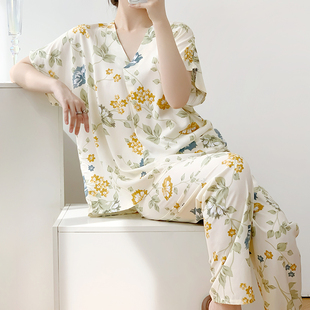 2025新款 棉绸睡衣加大码 女夏薄款 家居服国风宽松可外穿人造棉套装