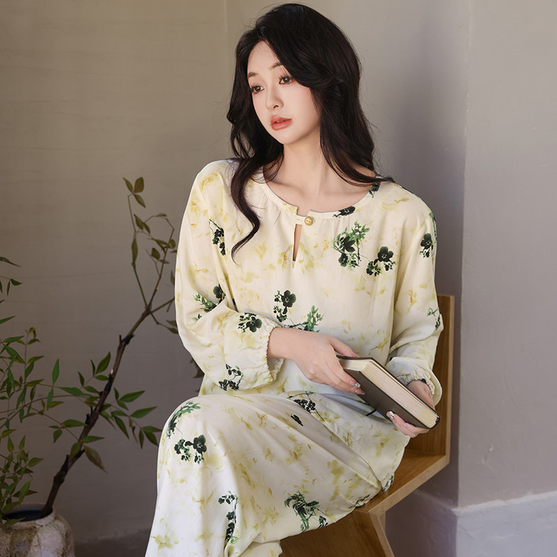 新款棉绸印花宽松家居服女长袖人造棉新中式可爱熊猫睡衣薄款套装