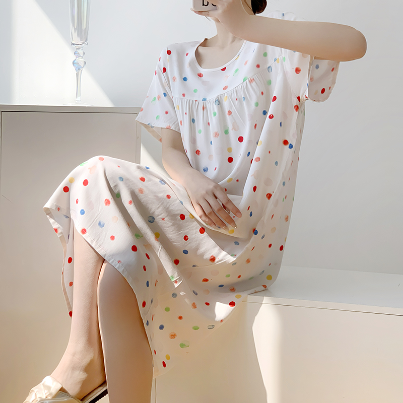 波点短袖棉绸睡裙女士夏季甜美可爱风家居服薄款亲肤人造棉连衣裙