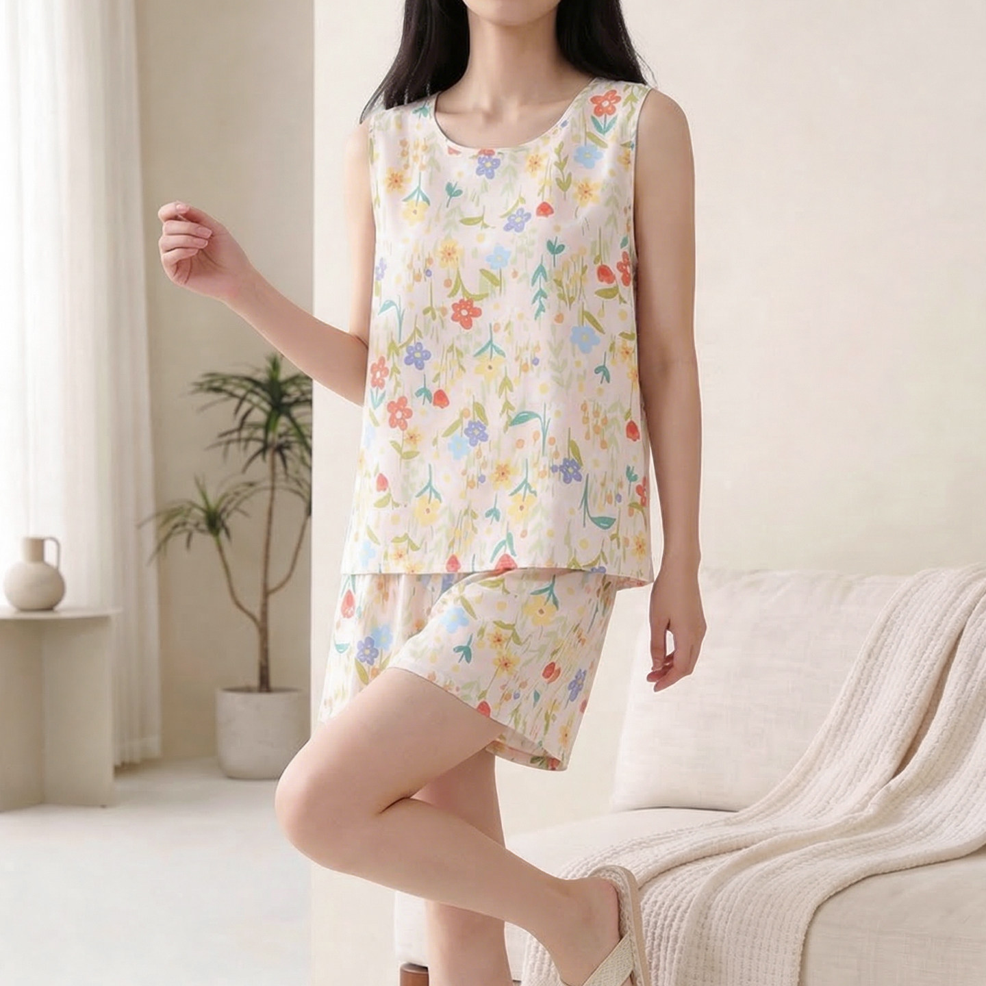 棉绸睡衣女款夏无袖背心短裤套装图片